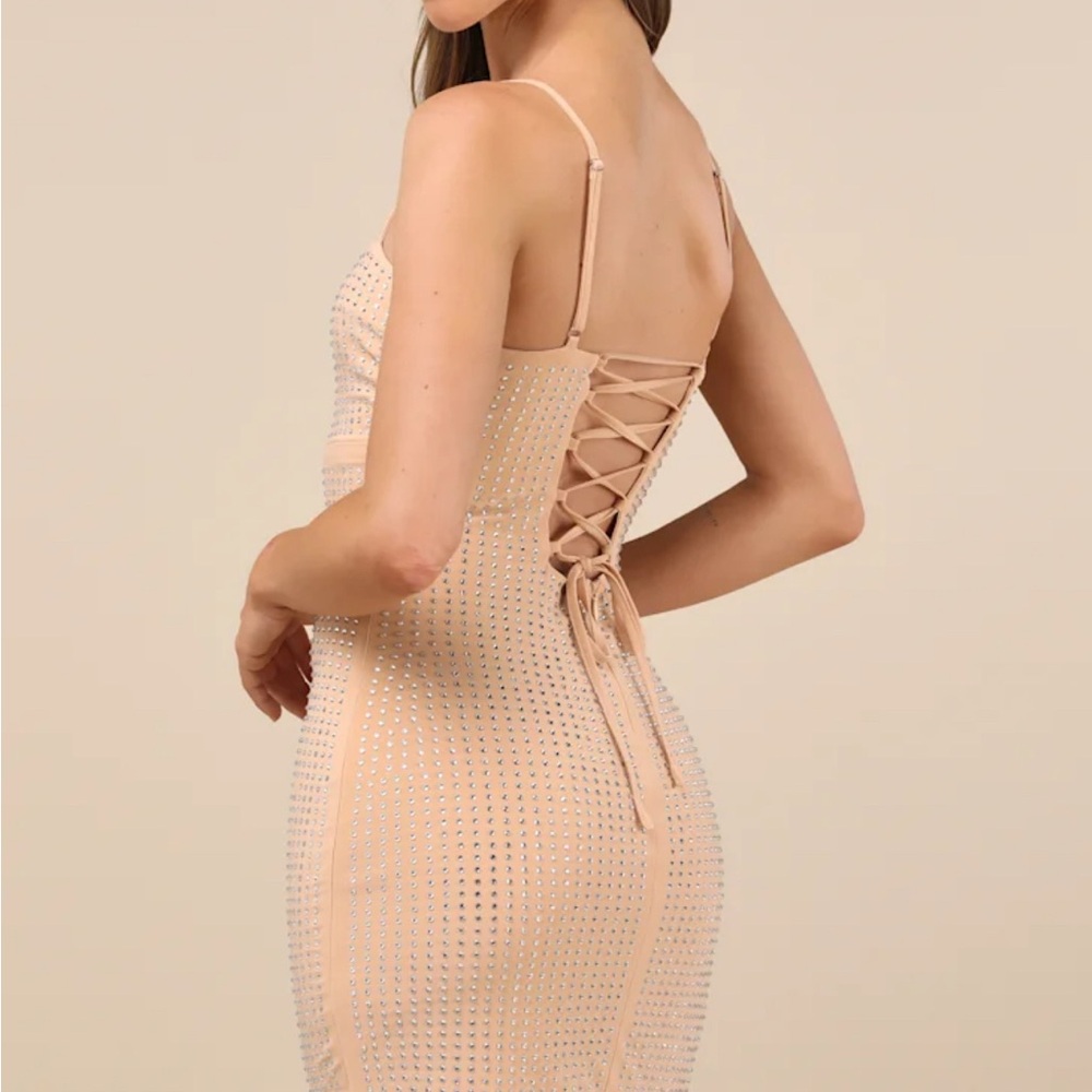 Lulu's Nude Rhinestone Lace-Up Bodycon Mini Dress